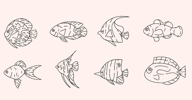 tropical fishes outline elements collection