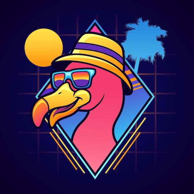 Vector tropical flamingo emblem in retro style