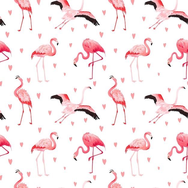 Vector tropical flamingo seamless vector summer pattern with hearts. exotic pink bird background for wallpapers, web page, texture, textile. animal wildlife design