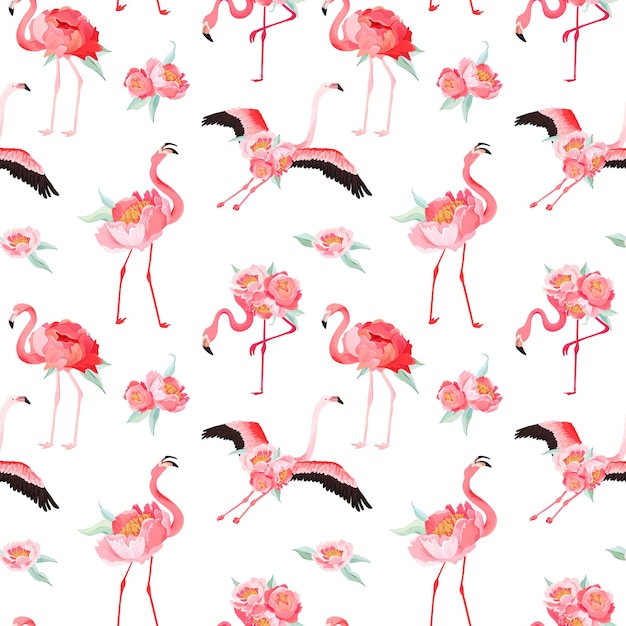 Тропический фламинго бесшовные векторные летний образец с цветами пиона. Цветочный и Птичный фон для обоев, веб-страницы, текстуры, текстиля, фона
