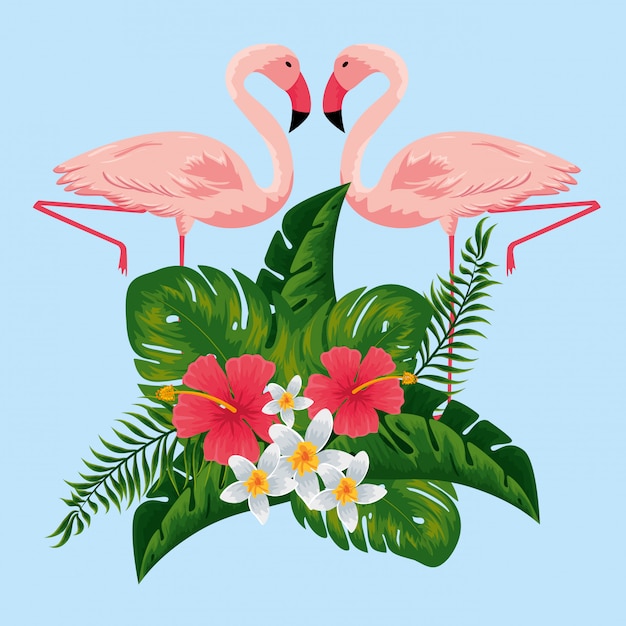 Tropical flamingos with exotic flowers and leaves