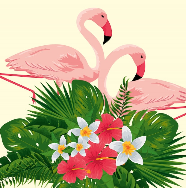 Tropical flamingos with exotic flowers plants