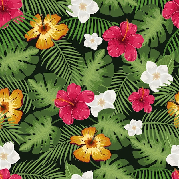 ハイビスカスの花、緑のヤシとモンステラの葉と熱帯の花のカラフルなシームレスパターン