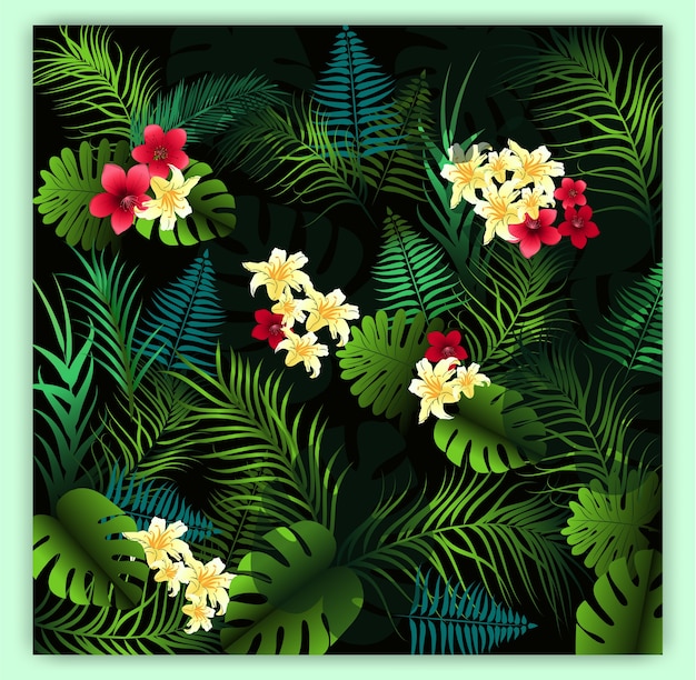 Tropical floral seamless vector pattern background.