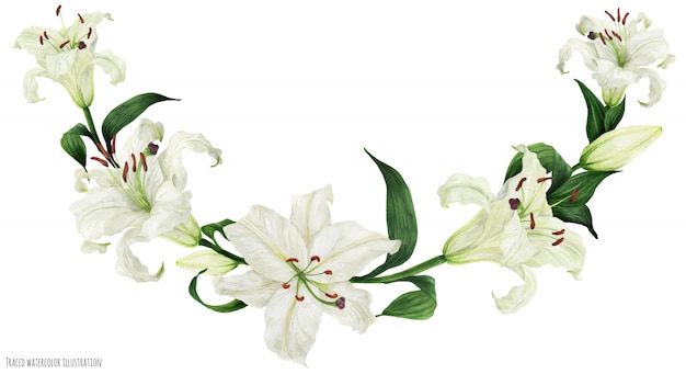 Tropical floral watercolor arc with oriental white lilies