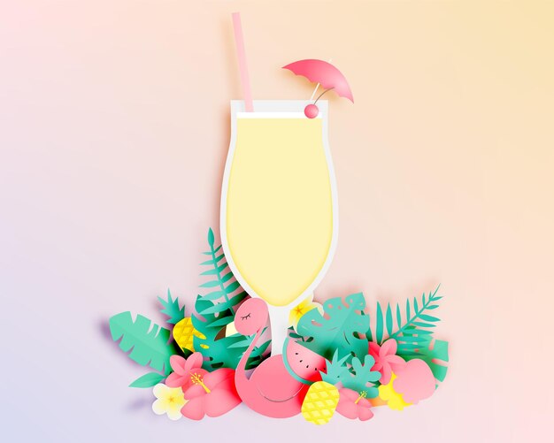 Tropical floral with flamingo and cocktail in paper art style and pastel color