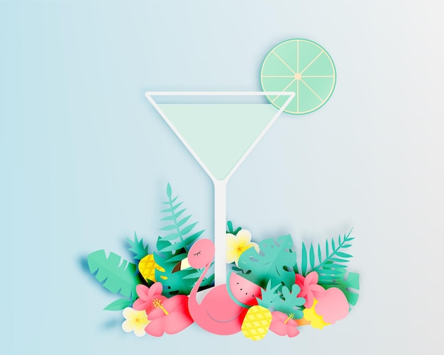 Vector tropical floral with flamingo and cocktail in paper art style and pastel color