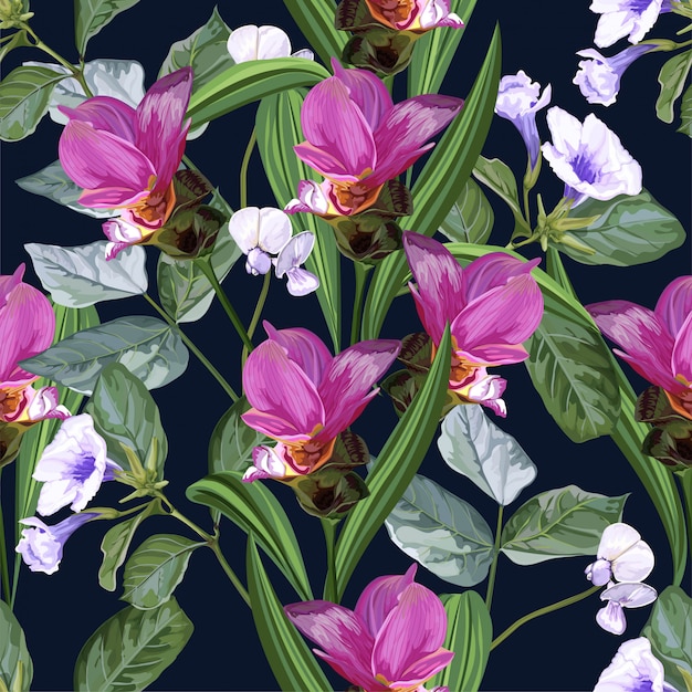 Tropical flower seamless pattern with Siam tulip and snap bean flower