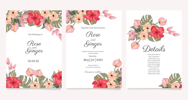 Vector tropical flower wedding invitation template set