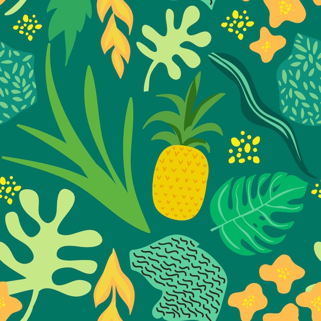 Тропические цветы и листья узор. ананасы ретро бесшовные модный фон в стиле мемфис. летний дизайн природы джунглей. векторная иллюстрация