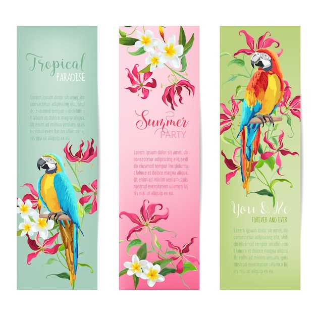 Баннеры и бирки с тропическими цветами и птицами-попугаями