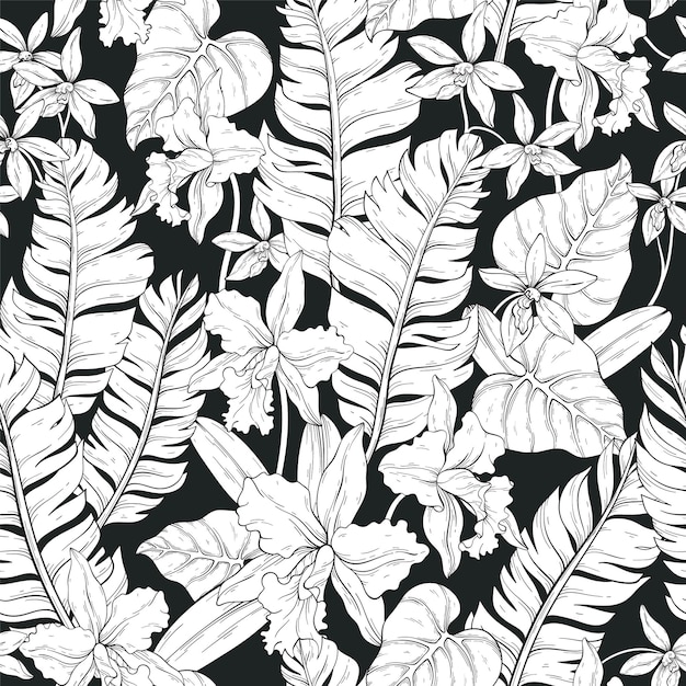 熱帯の花と黒い背景に芸術的なヤシの葉黒と白のシームレスなベクトル パターン