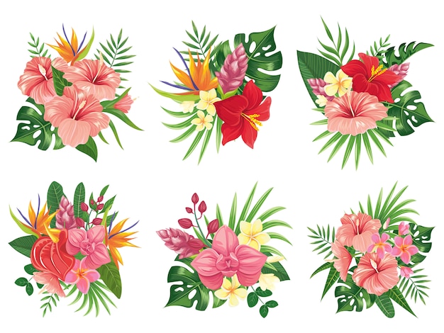 Tropical flowers bouquet. exotic palm leaves, floral tropic bouquets and tropicals wedding invitation illustration set