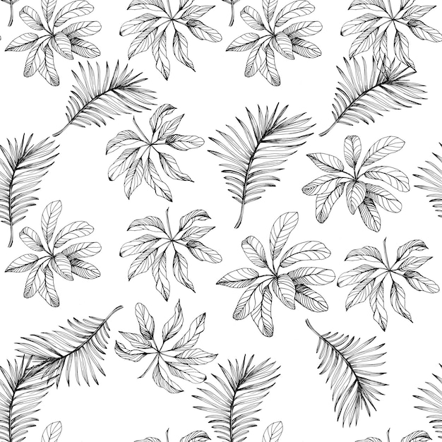 Tropical flowers Engraved ink art Seamless pattern on black background Fabric wallpaper print texture Vector