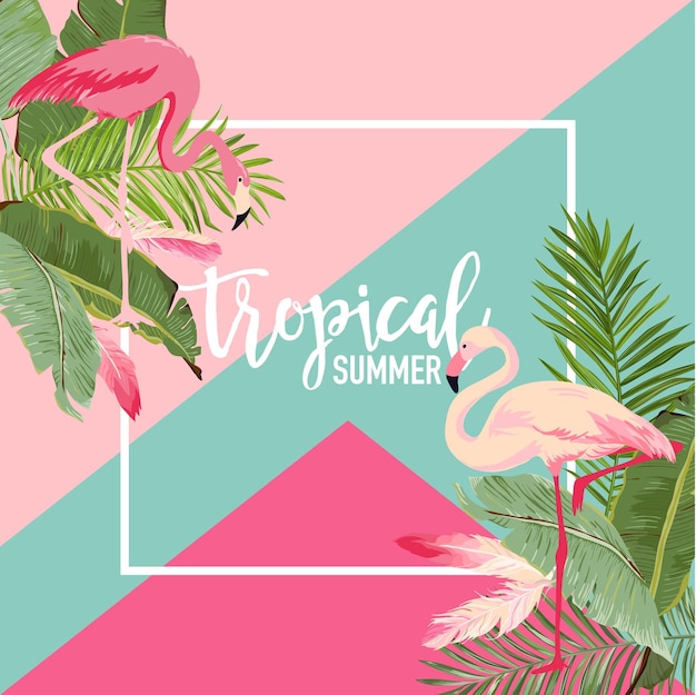 Tropical flowers and flamingo summer banner, graphic background, exotic floral invitation, flyer or card. modern front page