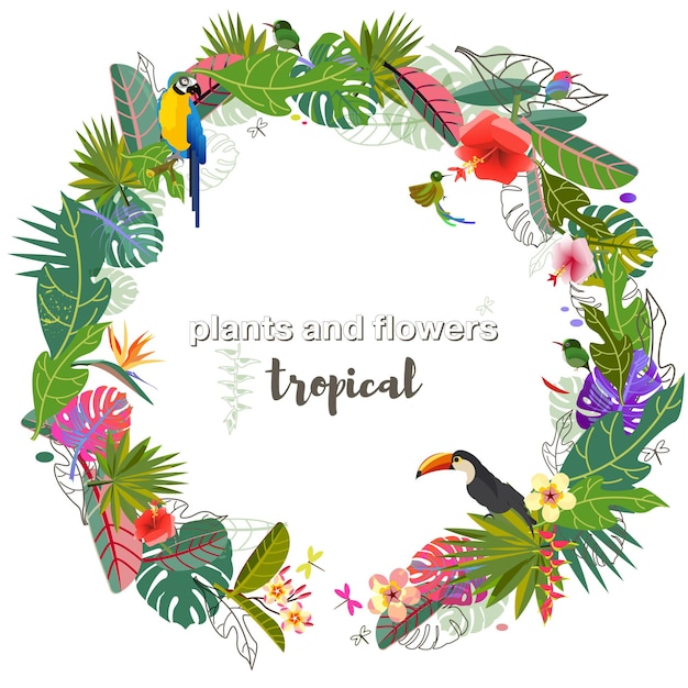 Vector tropical flowers and leaves exotic monster leaf caribbean colors tropical style