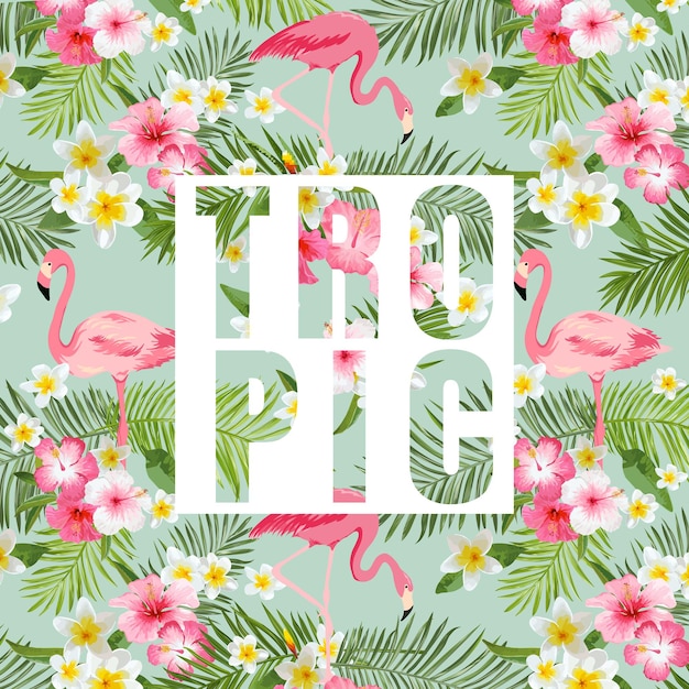Tropical flowers and leaves flamingo background