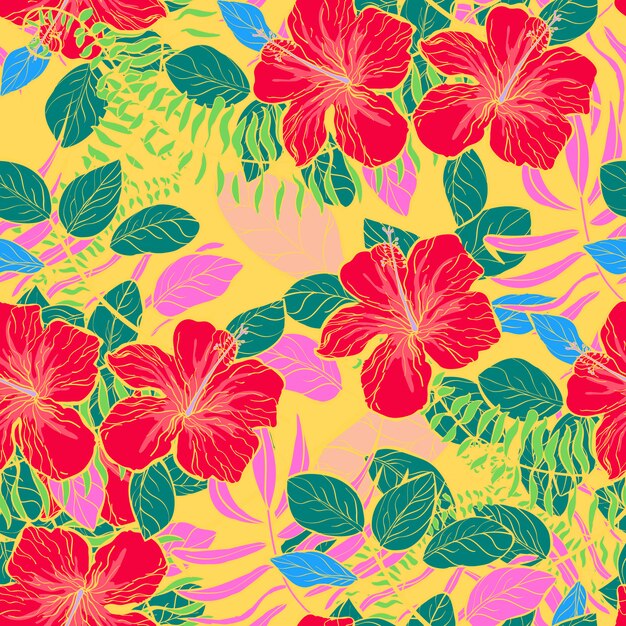 Vector tropical flowers and leaves of plants jungle vector seamless pattern.