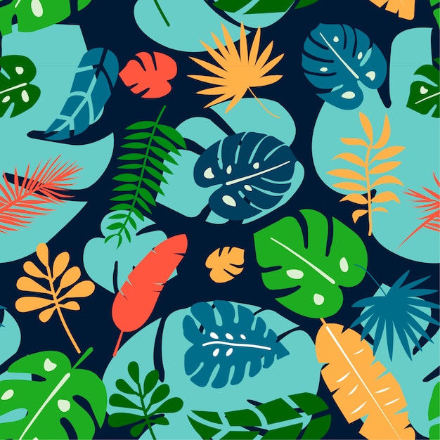 Tropical flowers and leaves seamless pattern