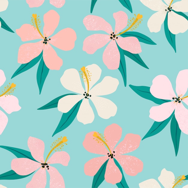 Tropical flowers and palm leaves on background. Seamless pattern.