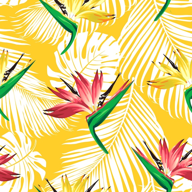 Tropical flowers and palm leaves on background