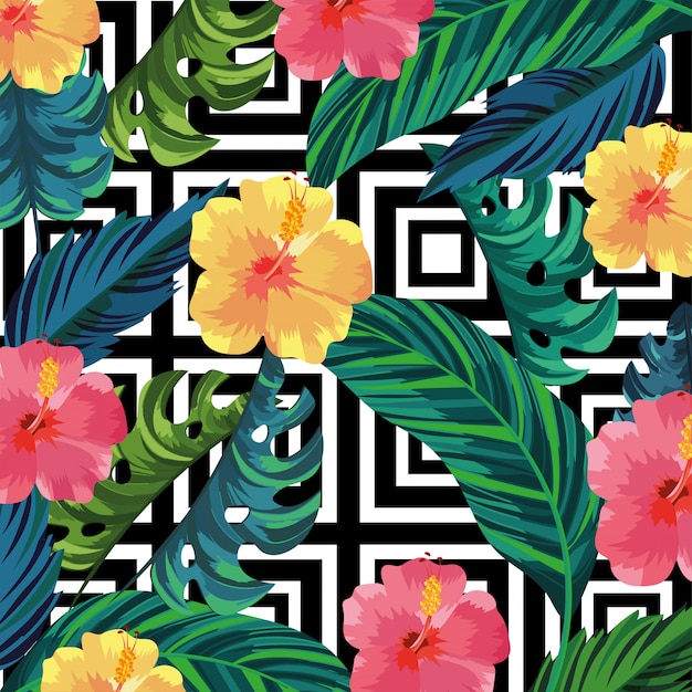 Tropical flowers plants and leaves background