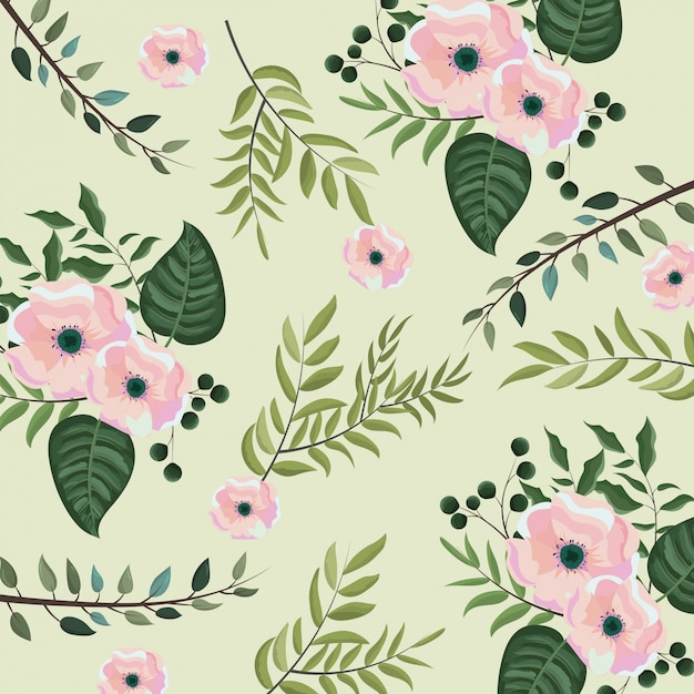 Tropical flowers with branches leaves background