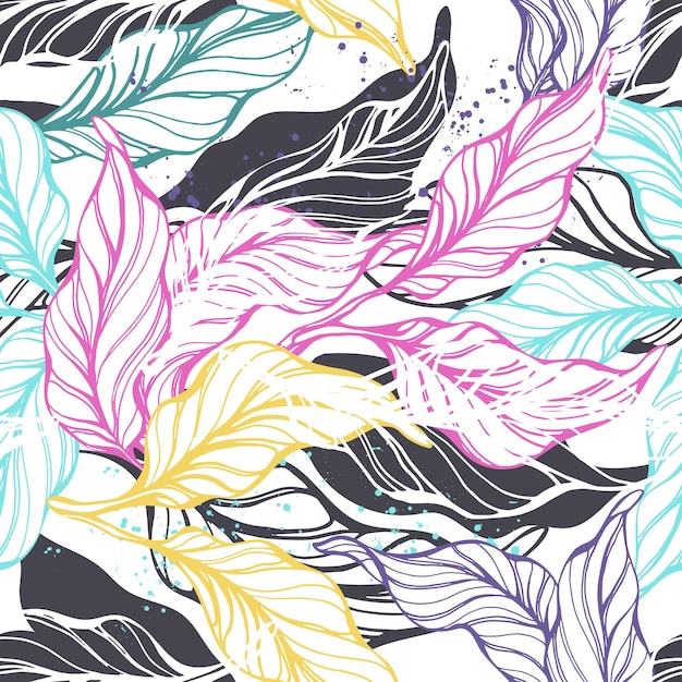 Tropical foliage Hand drawn seamless pattern with color texture leaves