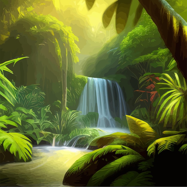 Вектор Тропический лесной пейзаж с водопадом и рекой со стволами деревьев и векторным мультфильмом зеленой травы