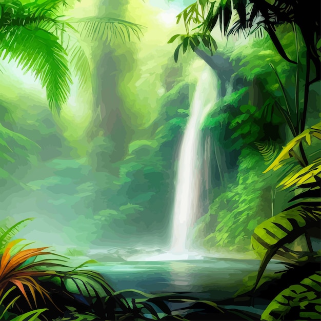 Paesaggio della foresta tropicale con cascata e fiume con tronchi d'albero e cartoni animati vettoriali di erba verde