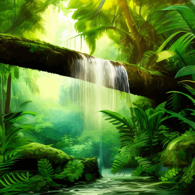 Vettore paesaggio della foresta tropicale con cascata e fiume con tronchi d'albero e cartoni animati vettoriali di erba verde