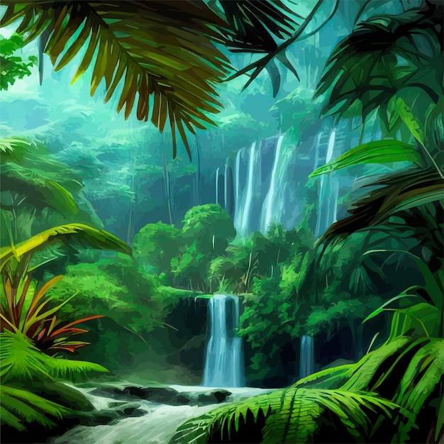 Vector tropical forest landscape with waterfall and river with tree trunks and green grass vector cartoon