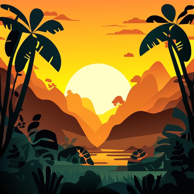 Vector tropical forest sunset illustration