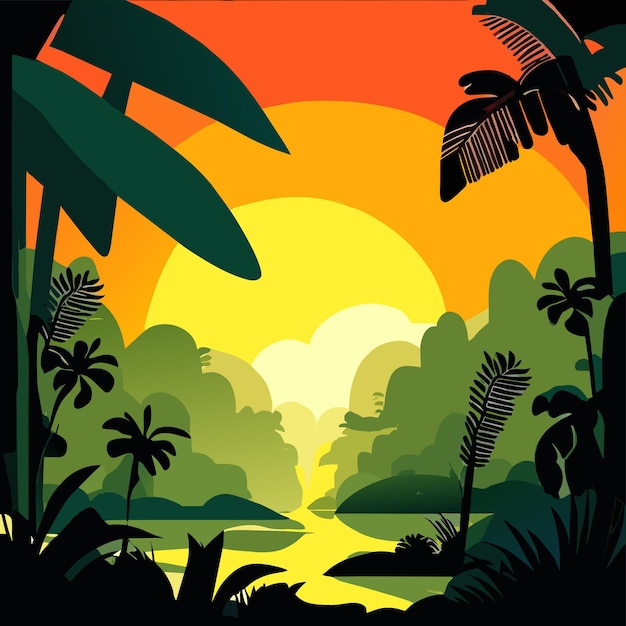 Vector tropical forest sunset illustration