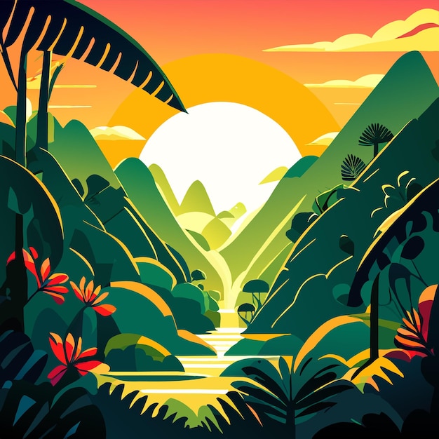 Vettore illustrazione del tramonto della foresta tropicale