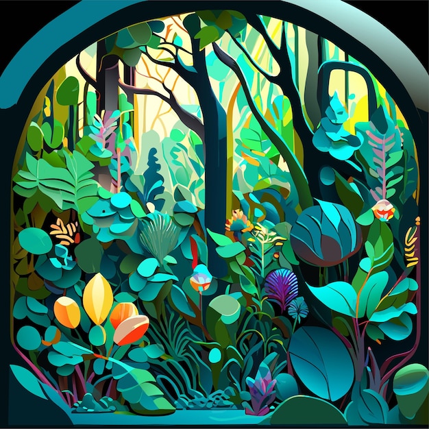 Vector tropical forest vibrant jungle with towering trees and a canopy of emerald leaves