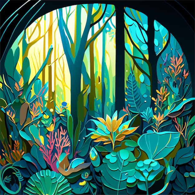 Vector tropical forest vibrant jungle with towering trees and a canopy of emerald leaves