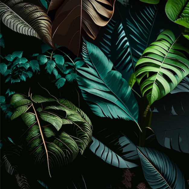 벡터 검은 배경에 사각형 프레임이 있는 열대 숲