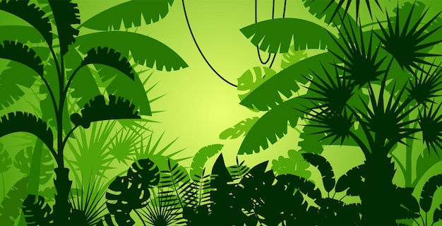 Tropical forest with exotic palm silhouette background