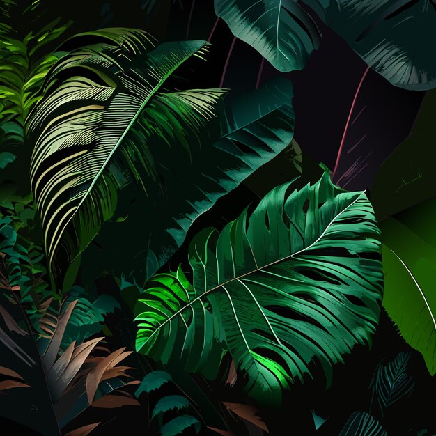 Vector tropical forest with a square frame on black background