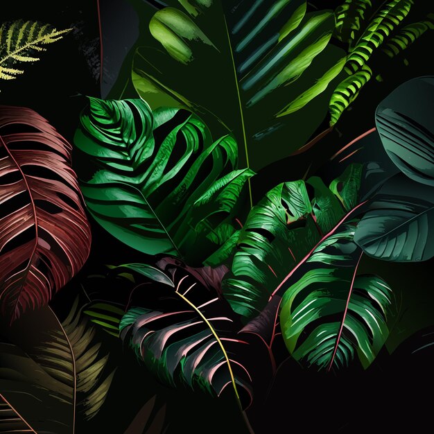 Vector tropical forest with a square frame on black background