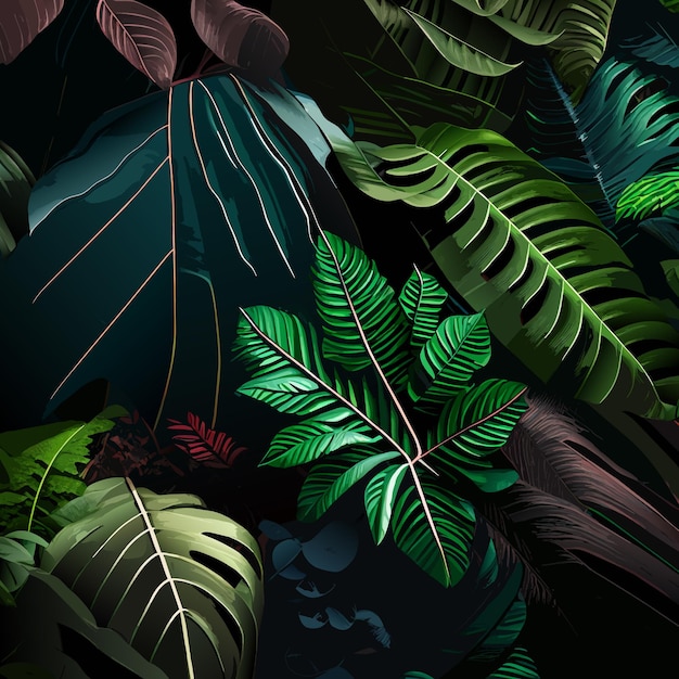Vector tropical forest with a square frame on black background