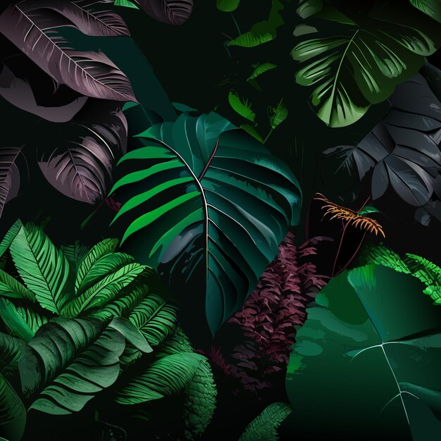 Vector tropical forest with a square frame on black background