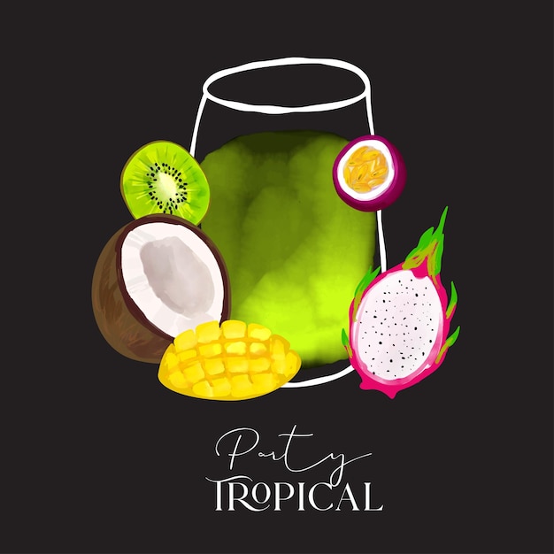 Vettore illustrazione di cocktail e frutta tropicale con testo di festa tropicale su nero