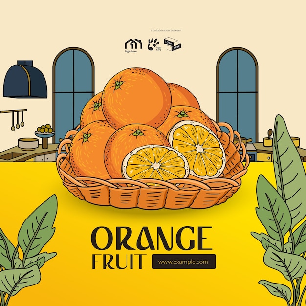 Vector tropical fruit orange illustration with kitchen background