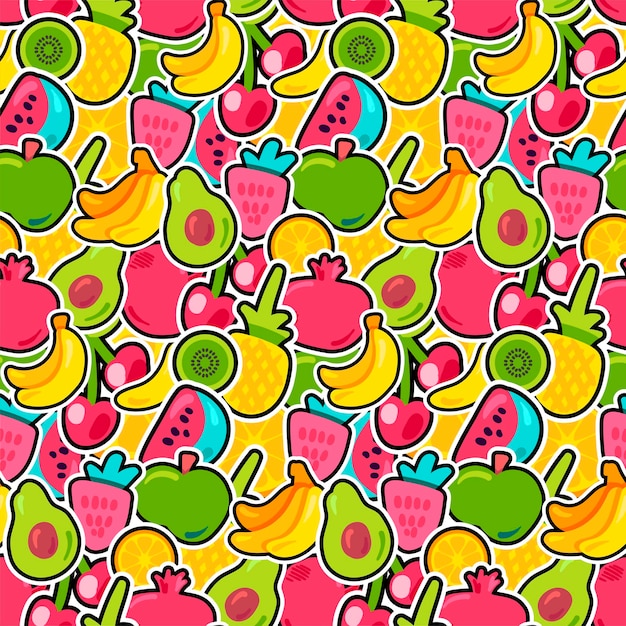 Tropical fruits, berries vector seamless pattern. Outlined exotic sliced fruits wallpaper design