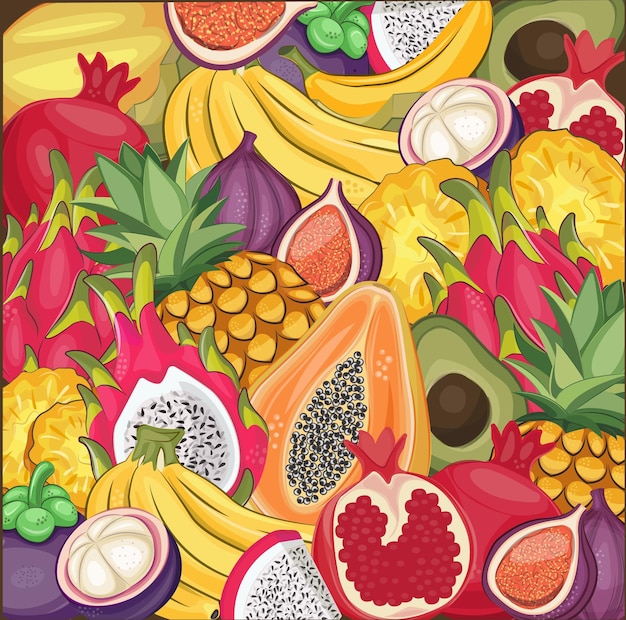 Vector tropical fruits frame vegan cuisine with hand drawn vector avocado dragon fruit papaya pineapple banana pomegranate mangosteen fig organic fruit or vegetarian food