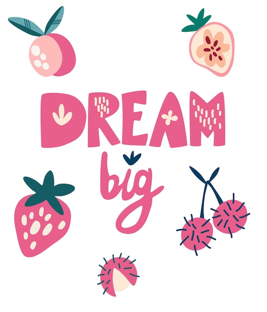 Тропические фрукты и надписи Big Dream Strawberry, персик и личи