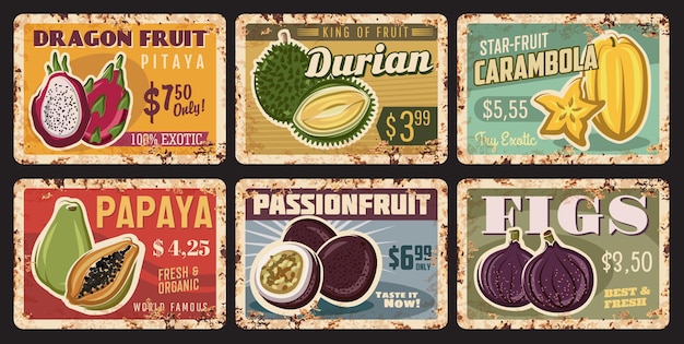 Tropical fruits rusty metal plates, vintage rust tin signs