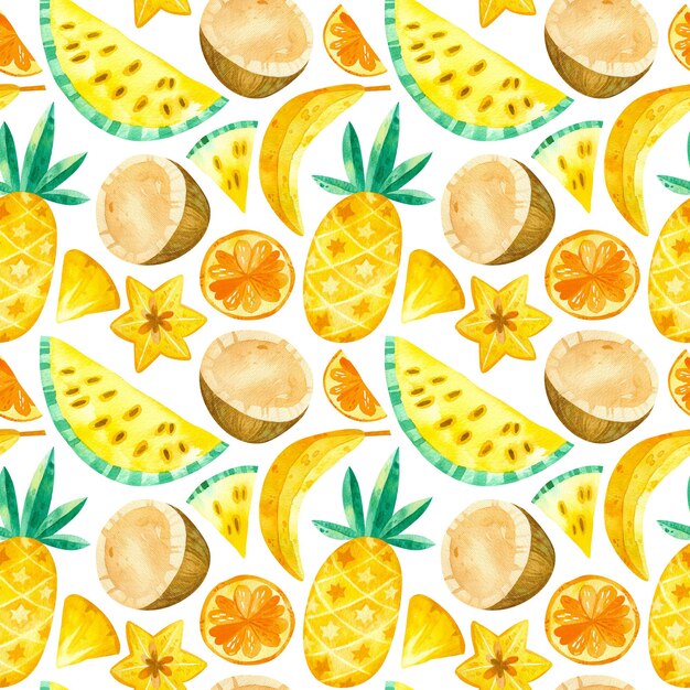 Tropical fruits seamless pattern summer fruits mix watercolor clipart